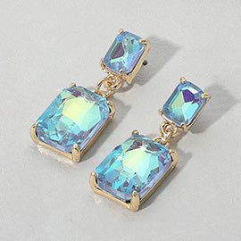 Rectangular Blue/Aqua AB Dangle Earrings on a white background