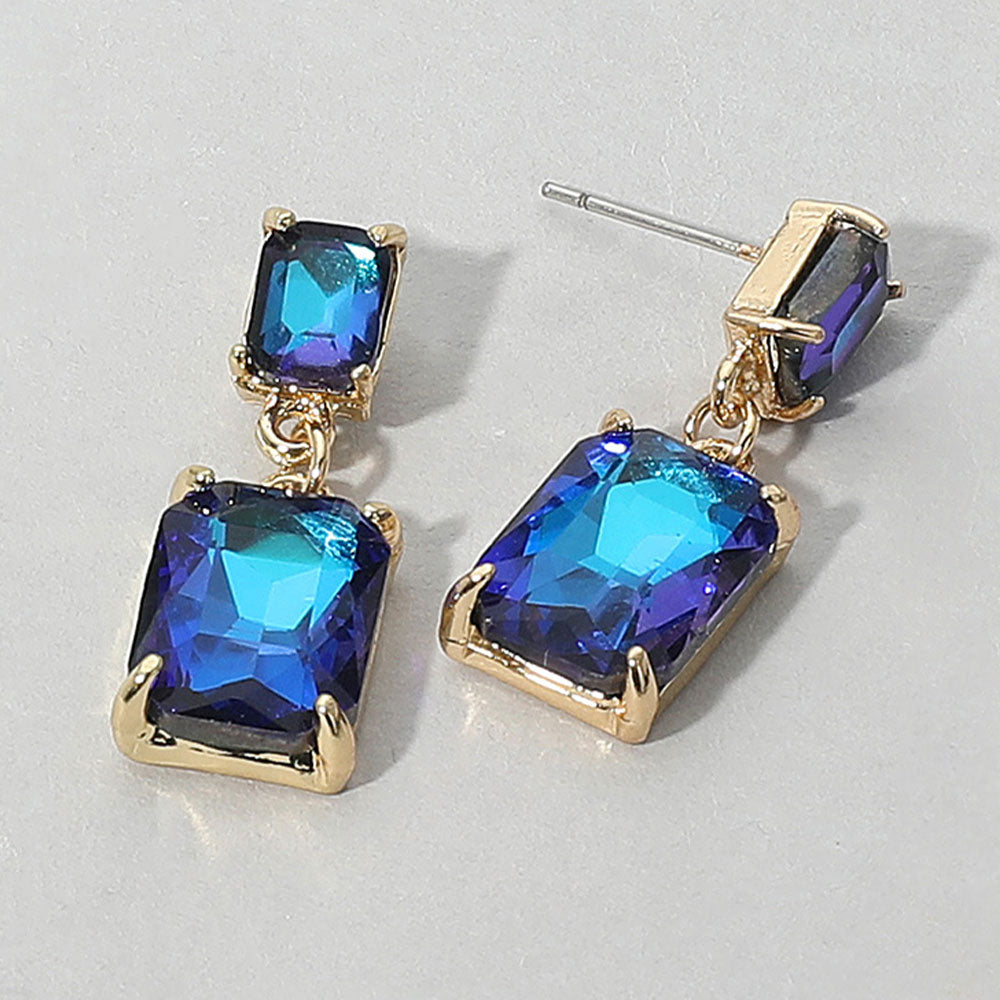 Rectangular Blue Dangle Earrings on a white background
