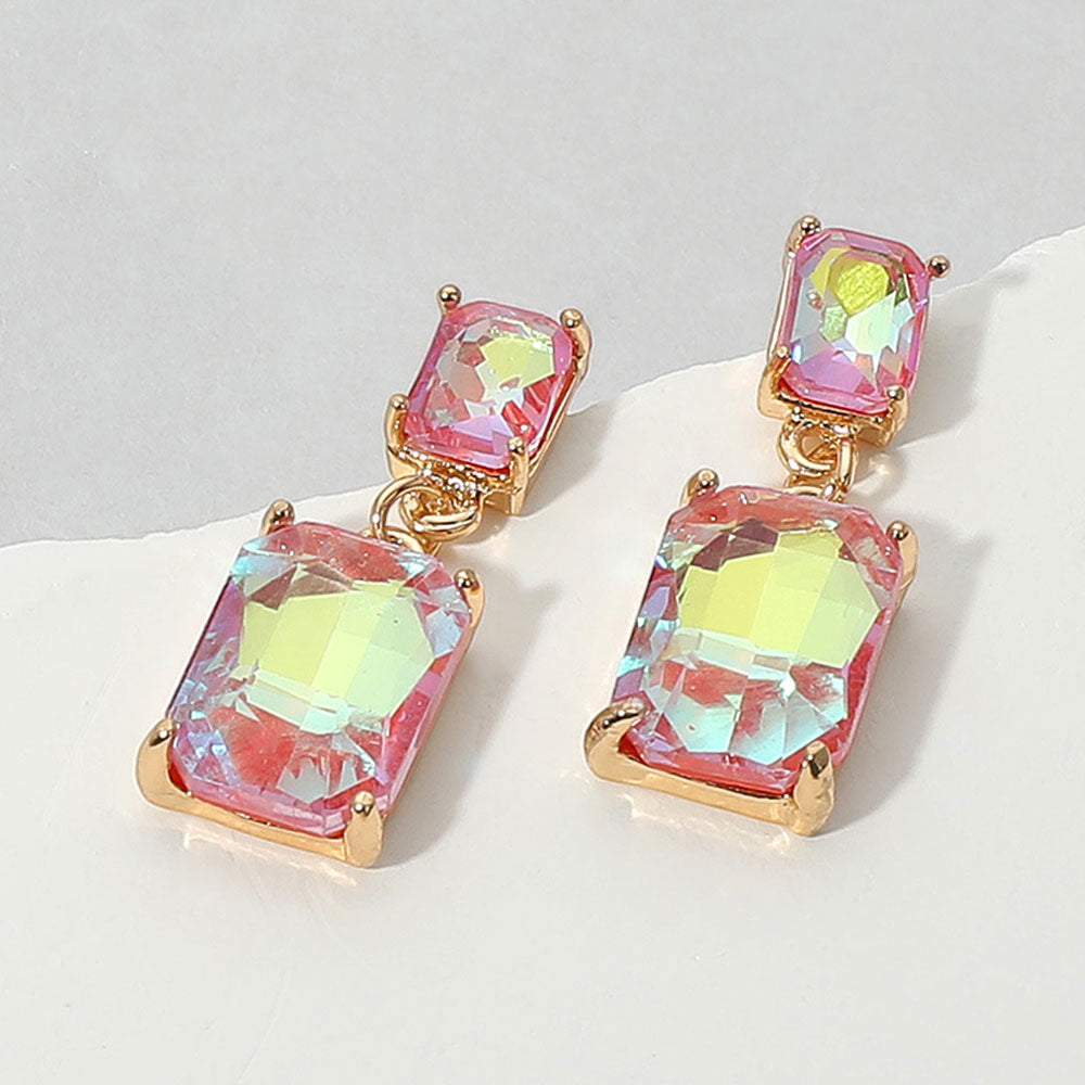 Rectangular Coral AB Dangle Earrings on a white background