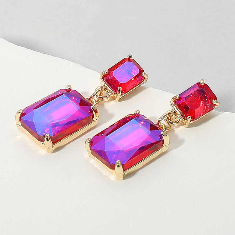 Rectangular Fuchsia AB Dangle Earrings on a white background