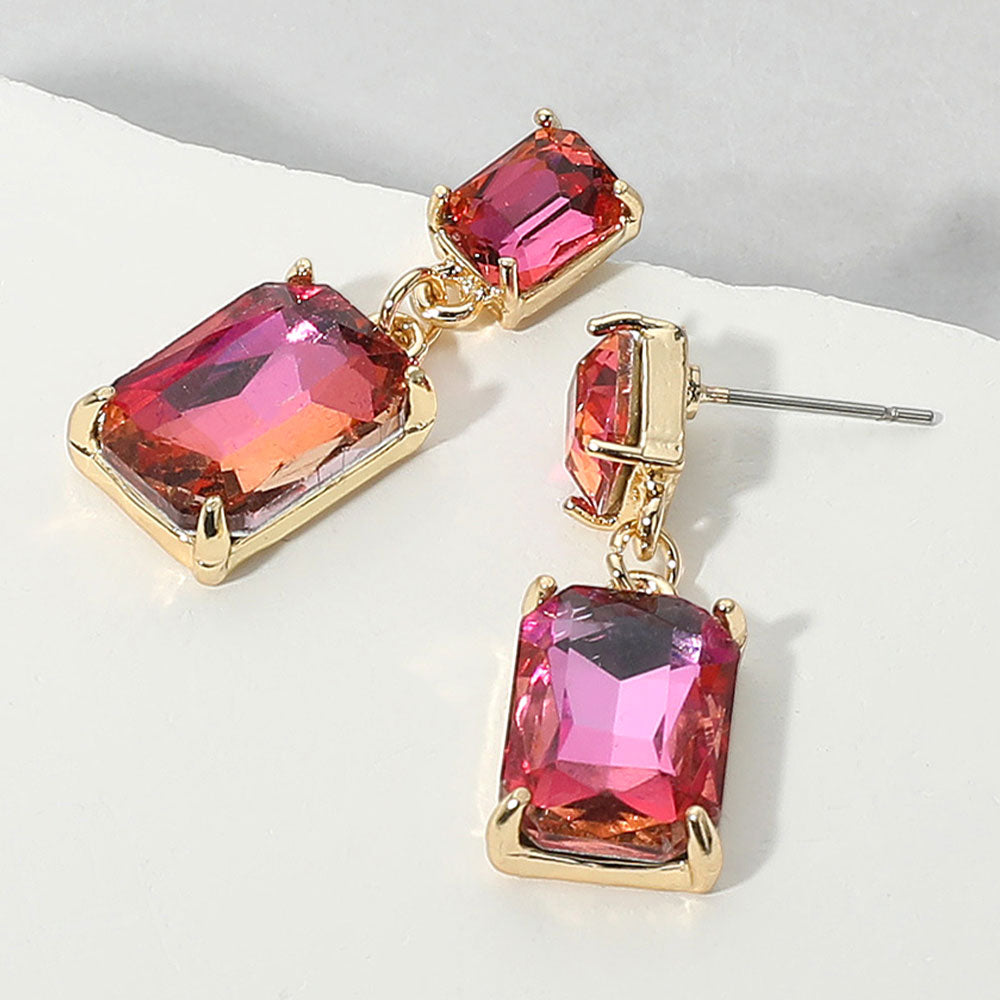 Rectangular Pink AB Dangle Earrings on a white background