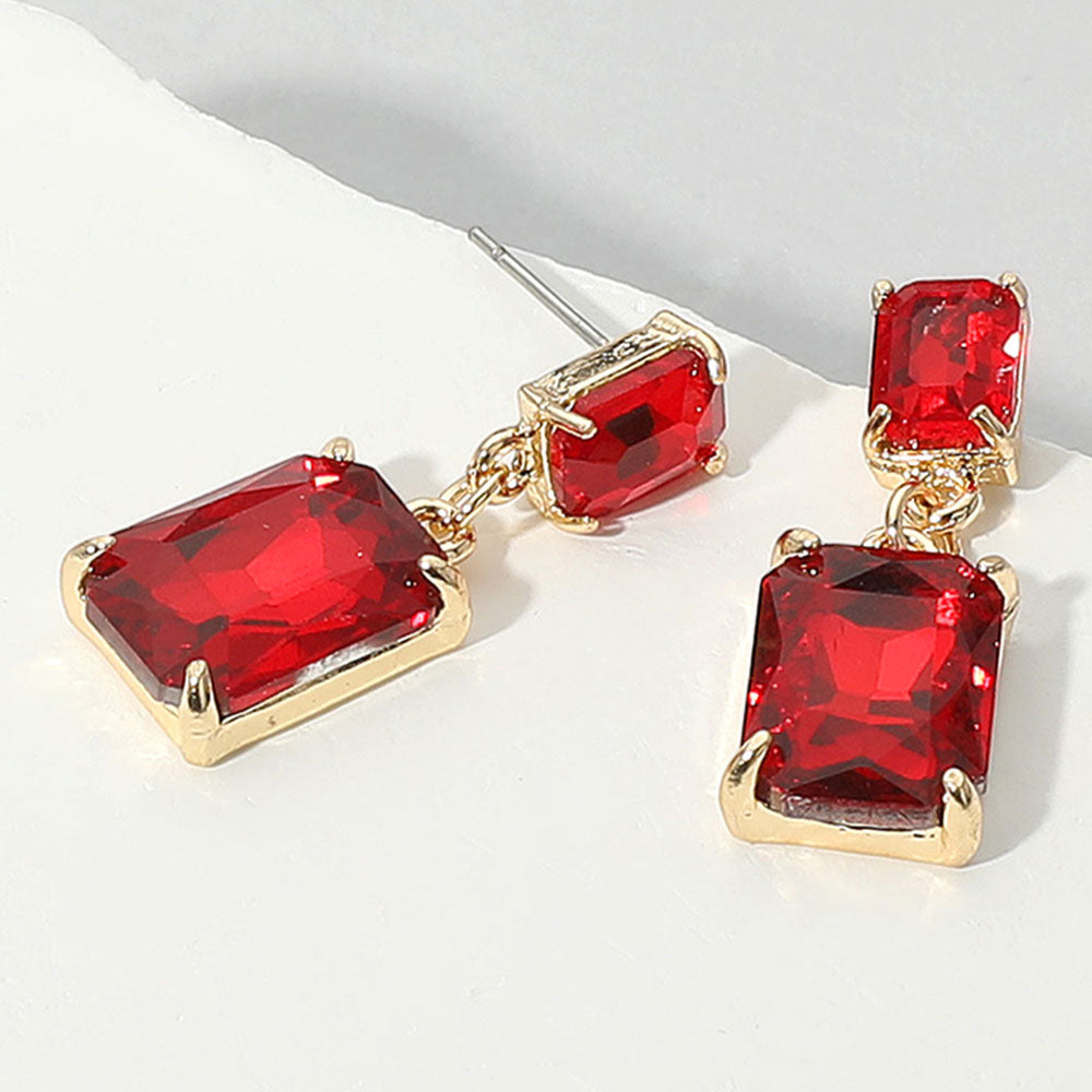 Rectangular Red Dangle Earrings on a white background
