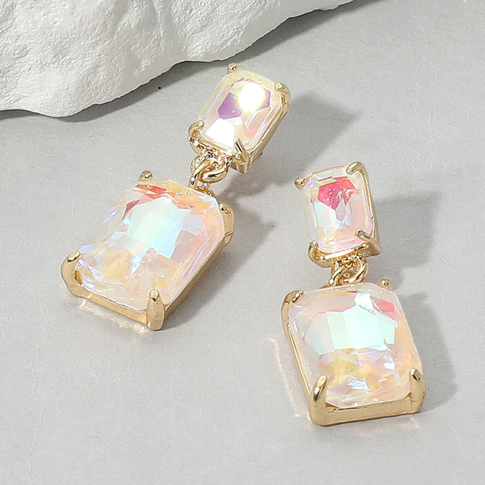 Rectangular White AB Dangle Earrings on a white background