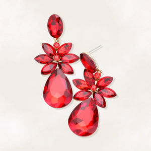 Red crystal flower teardrop earrings on gold displayed on white background