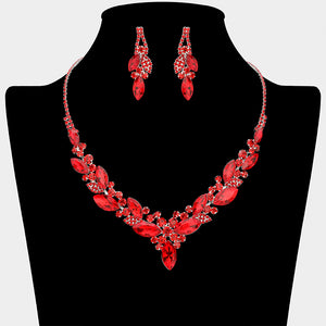Red marquise crystal cluster necklace set with matching earrings on silver backing for prom and evening wear on a black mannequin bust on a white background