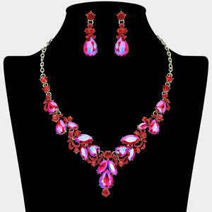 Red AB marquise rhinestone necklace with teardrop accents and matching earrings on a black mannequin bust for pageant or prom