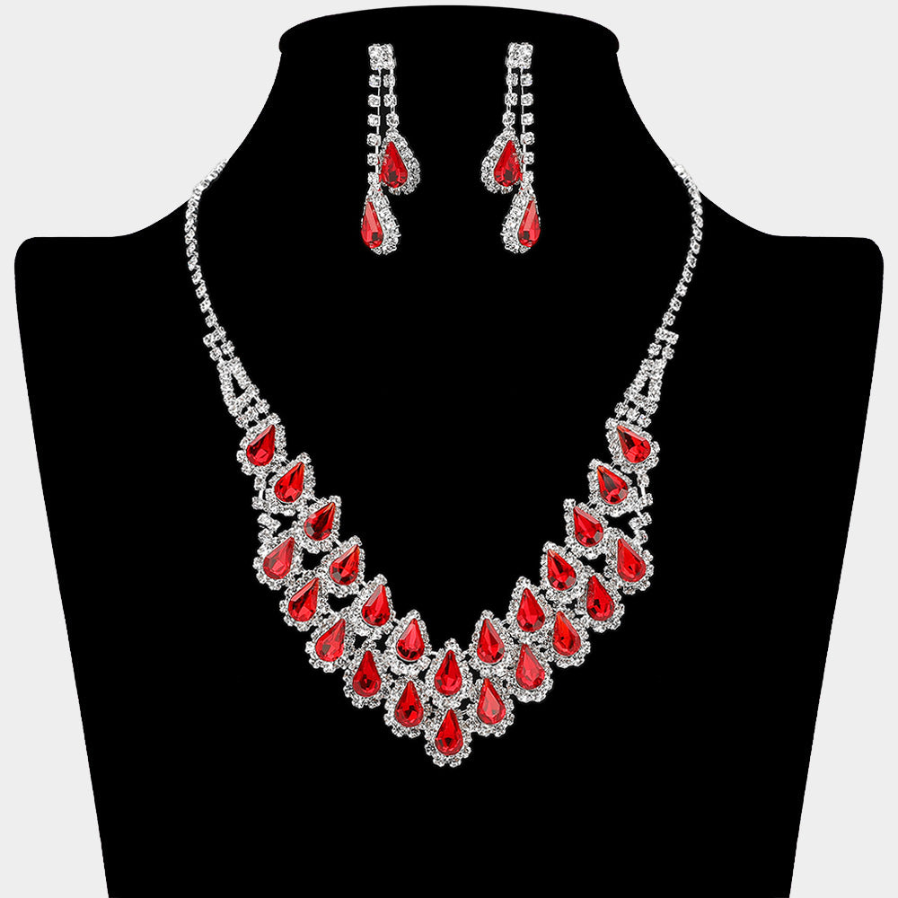 Red Crystal Rhinestone Double Row Necklace Set on a black mannequin bust on a white background