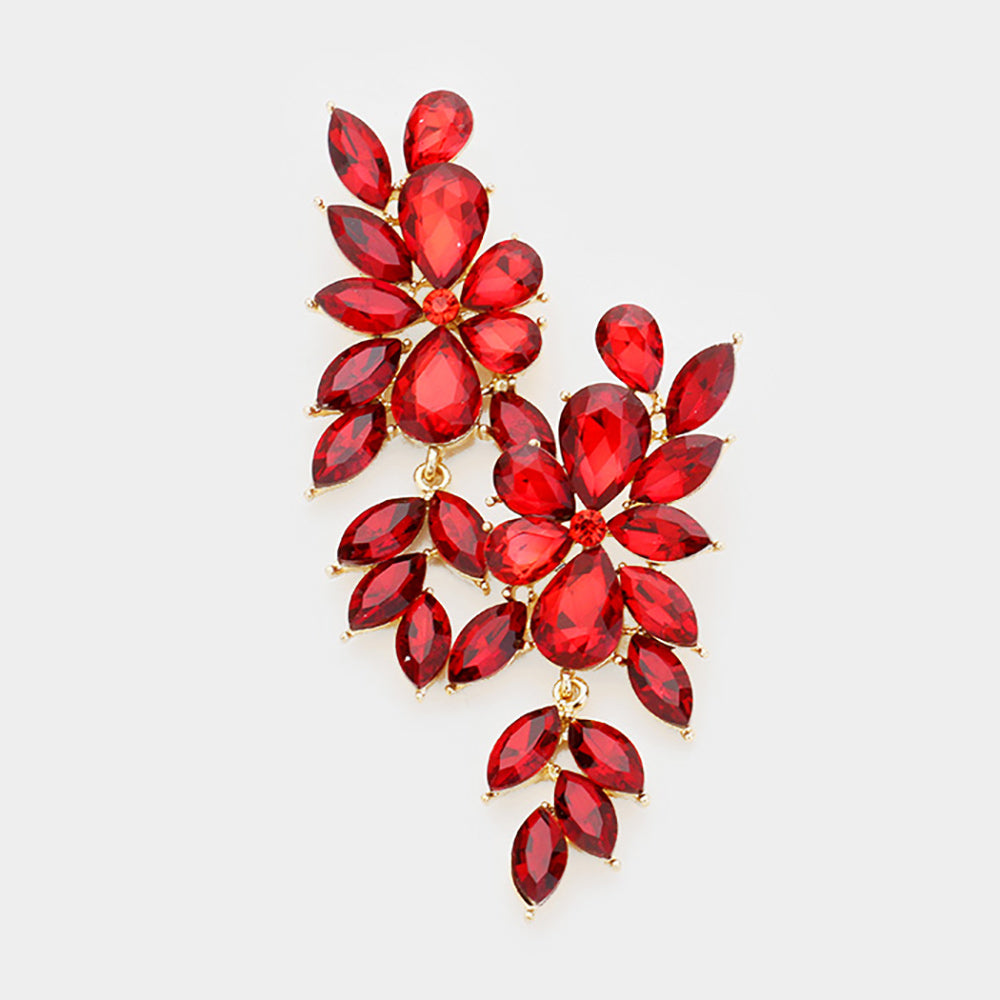 Red marquise crystal statement earrings on gold with a cascading arrangement of faceted marquise stones, displayed on a white background.