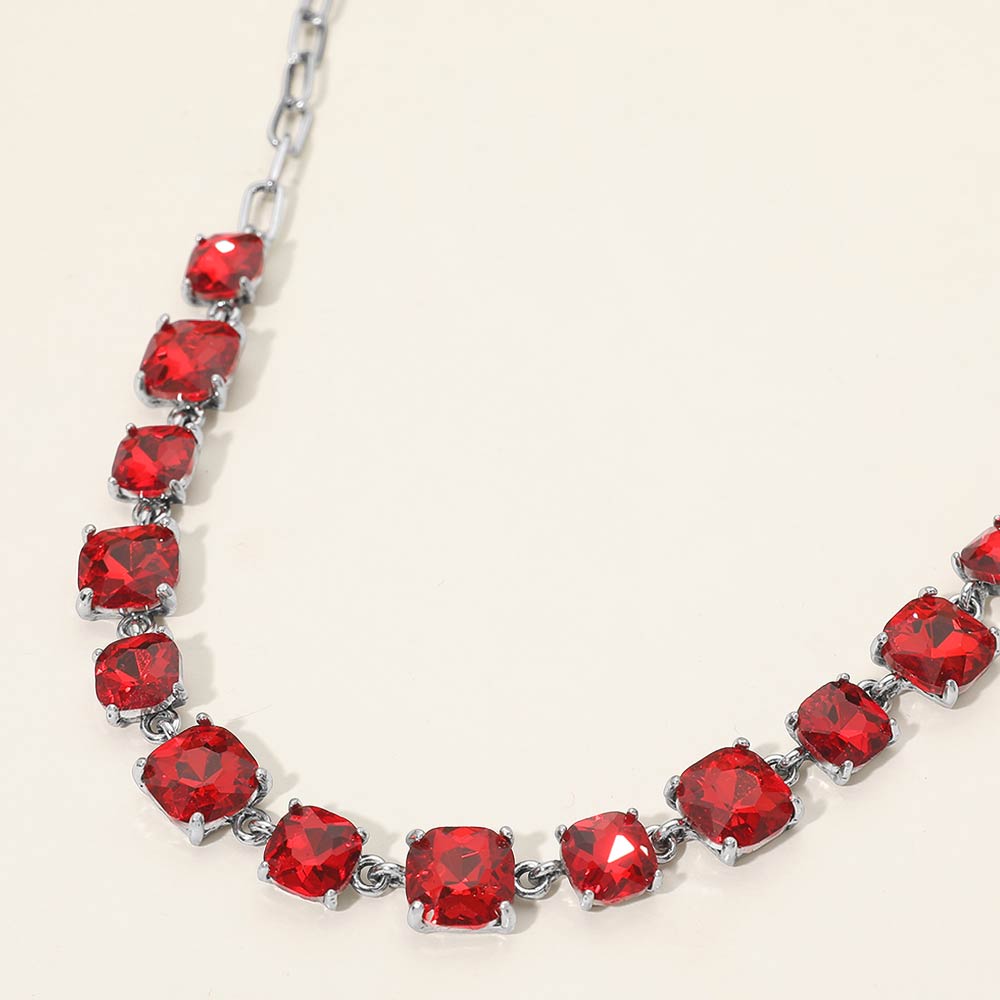 Red Cushion Square Stone Link Pageant Necklace on Antique Silver | Prom Necklace |  688752