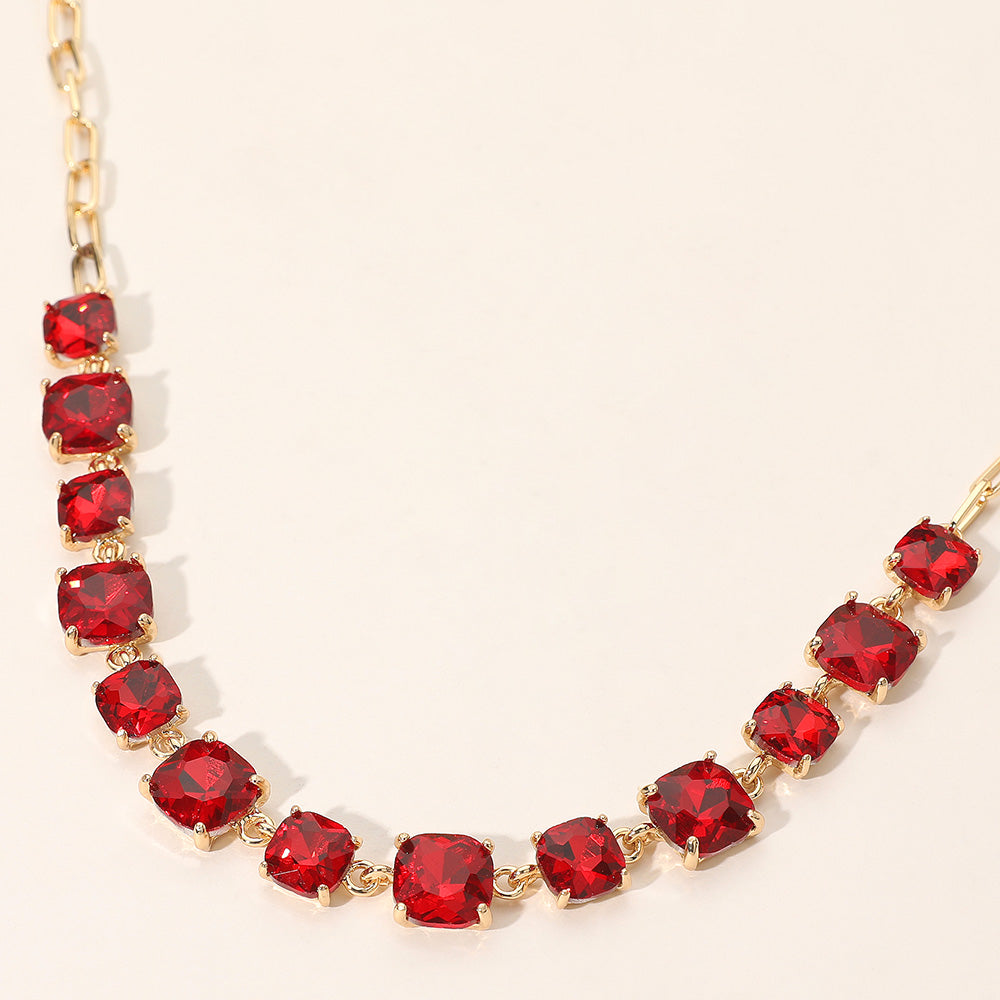 Red Cushion Square Stone Link Pageant Necklace on Gold | Prom Necklace |  681149