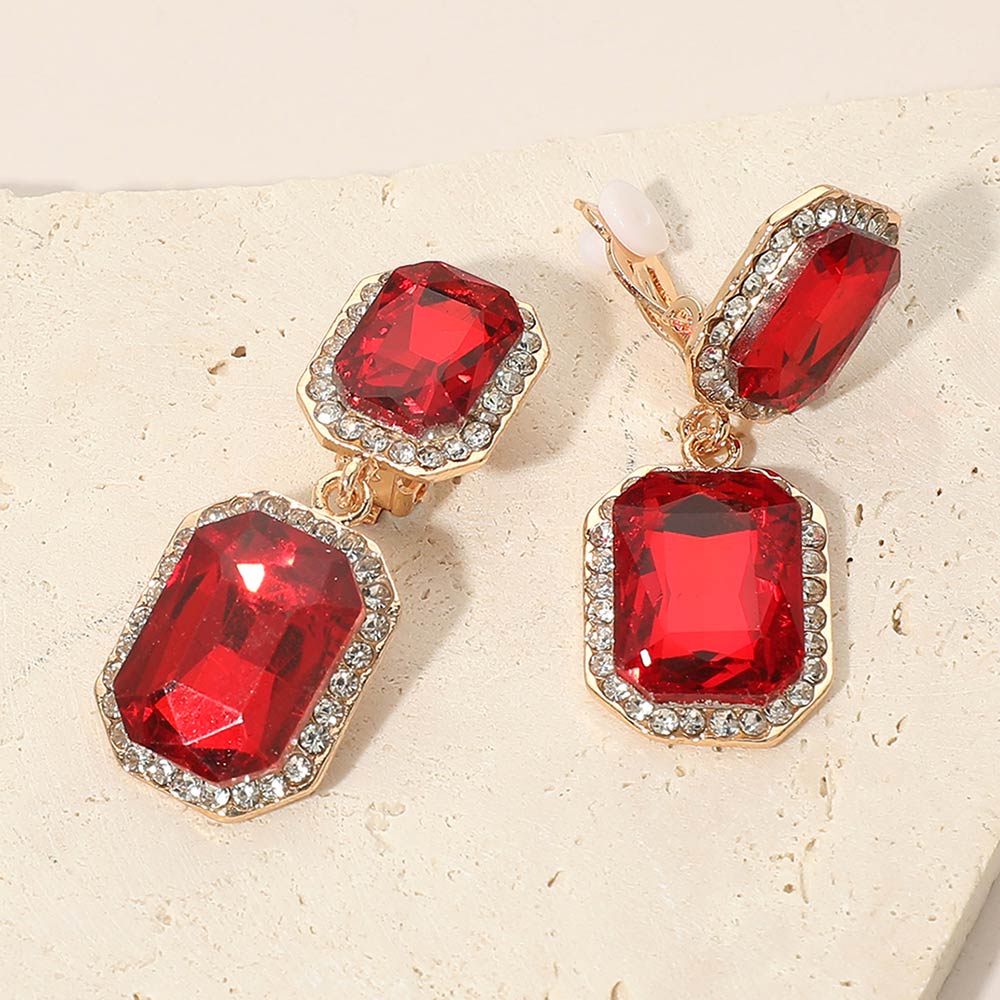Red Double Rectangle Drop Clip On Pageant Earrings | Fuchsia Drop Earrings