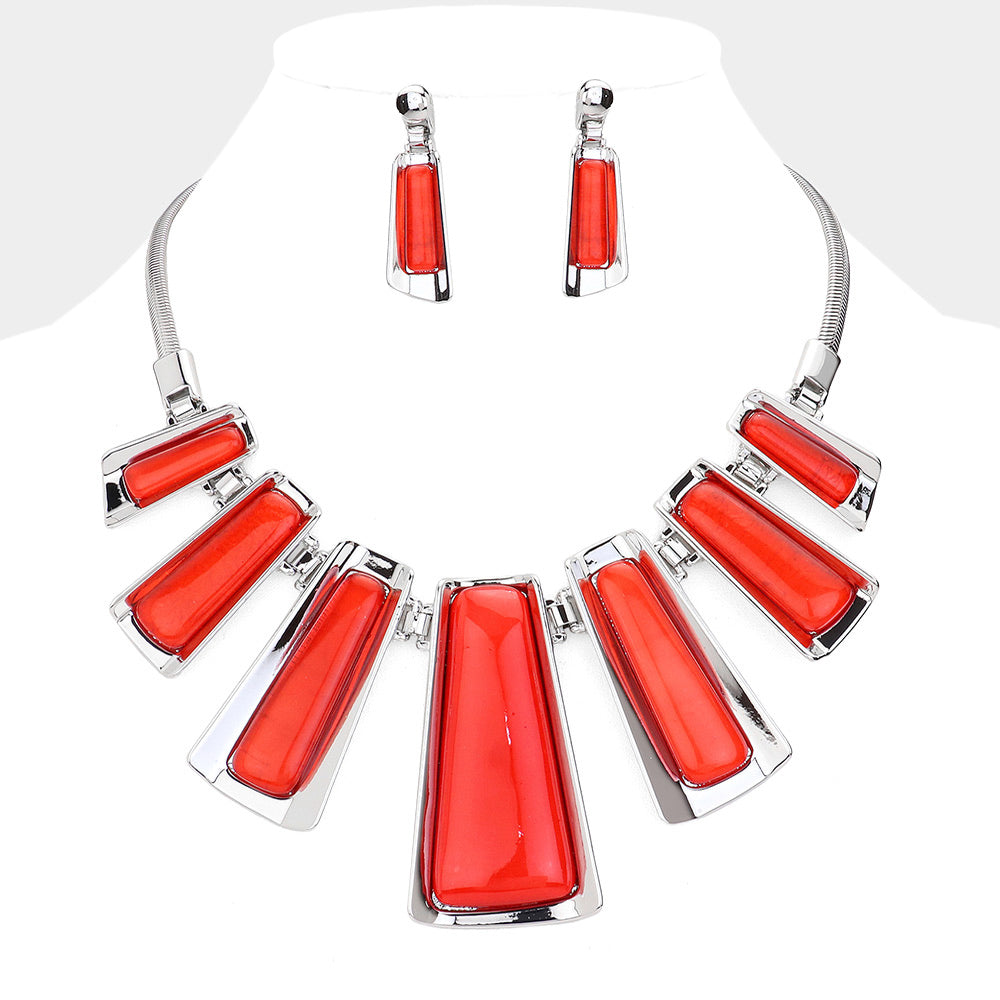 Red Enamel Bar Metal statement necklace with matching earrings on a white mannequin bust