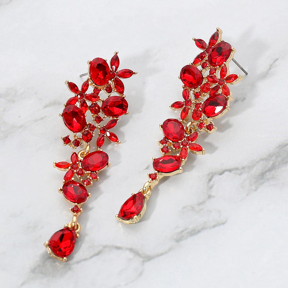 Red floral crystal drop earrings with marquise stones for interview looks or evening glam on a marble background