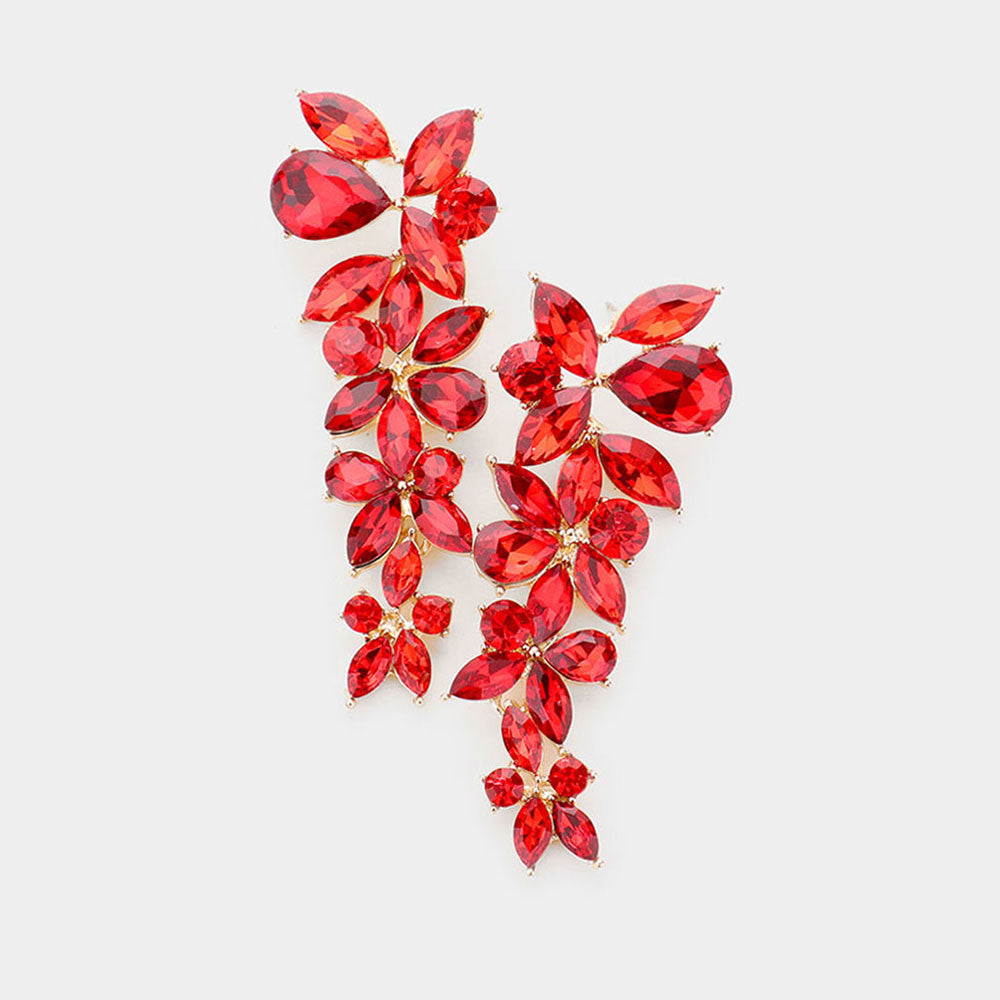 Red floral multi stone drop earrings on gold with layered crystal cluster design, 3 inch statement earrings on a white background