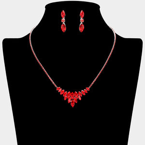 Red Crystal Cluster Statement Necklace with matching earrings – Sparkling Rhinestone Embellished Jewelry. Shown here on a black mannequin bust. 