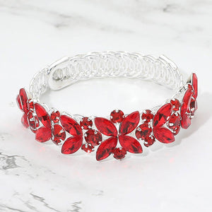 Red marquise floral crystal bracelet on silver with adjustable fit, styled for prom and evening wear
