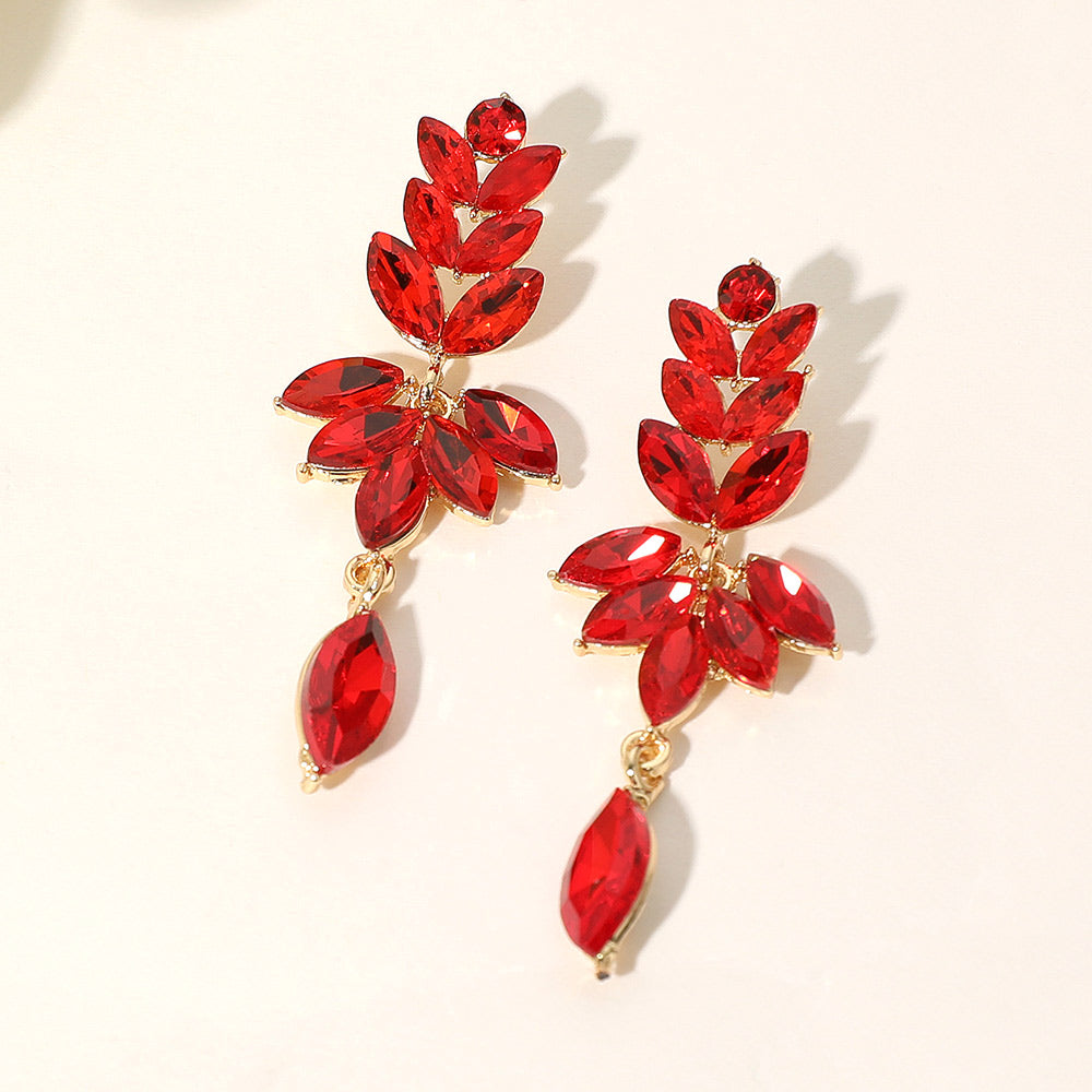 Red Marquise Stone Cluster Prom Pageant Evening Earrings on Gold – 2.5" |  658689