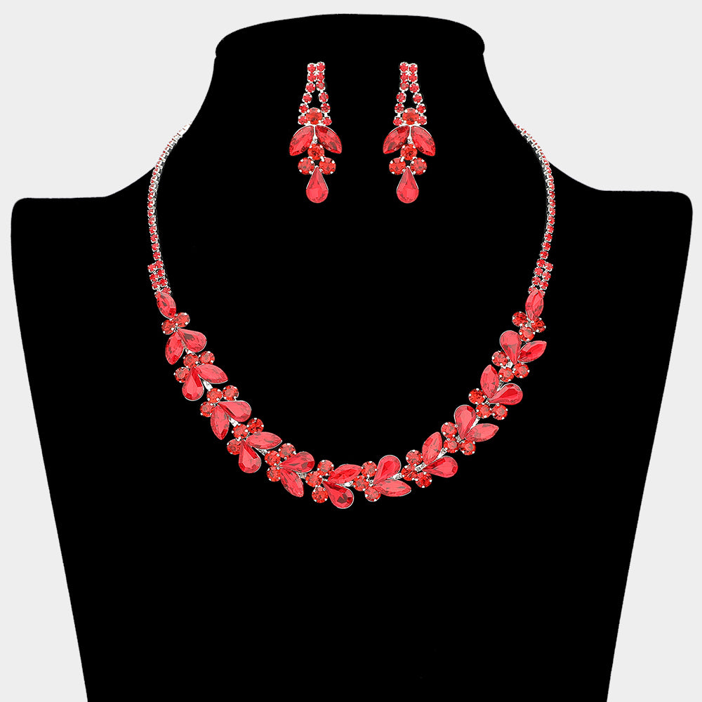 Red marquise and teardrop rhinestone prom and evening necklace set on silver displayed on black mannequin necklace bust