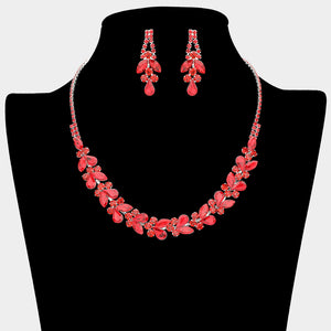 Red marquise and teardrop rhinestone prom and evening necklace set on silver displayed on black mannequin necklace bust