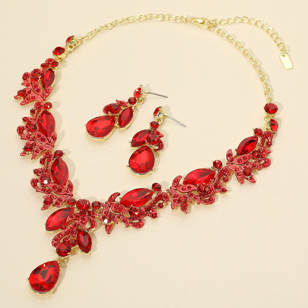 Red Multi Stone Evening Necklace Set gold backed on a cream background