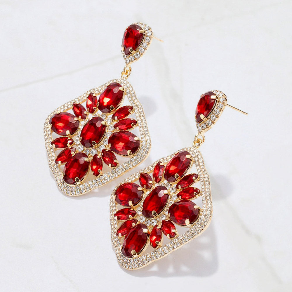 Red Oval Marquise Stone Cluster Rhinestone Statement Earrings – Glam Evening & Pageant Jewelry |  537241