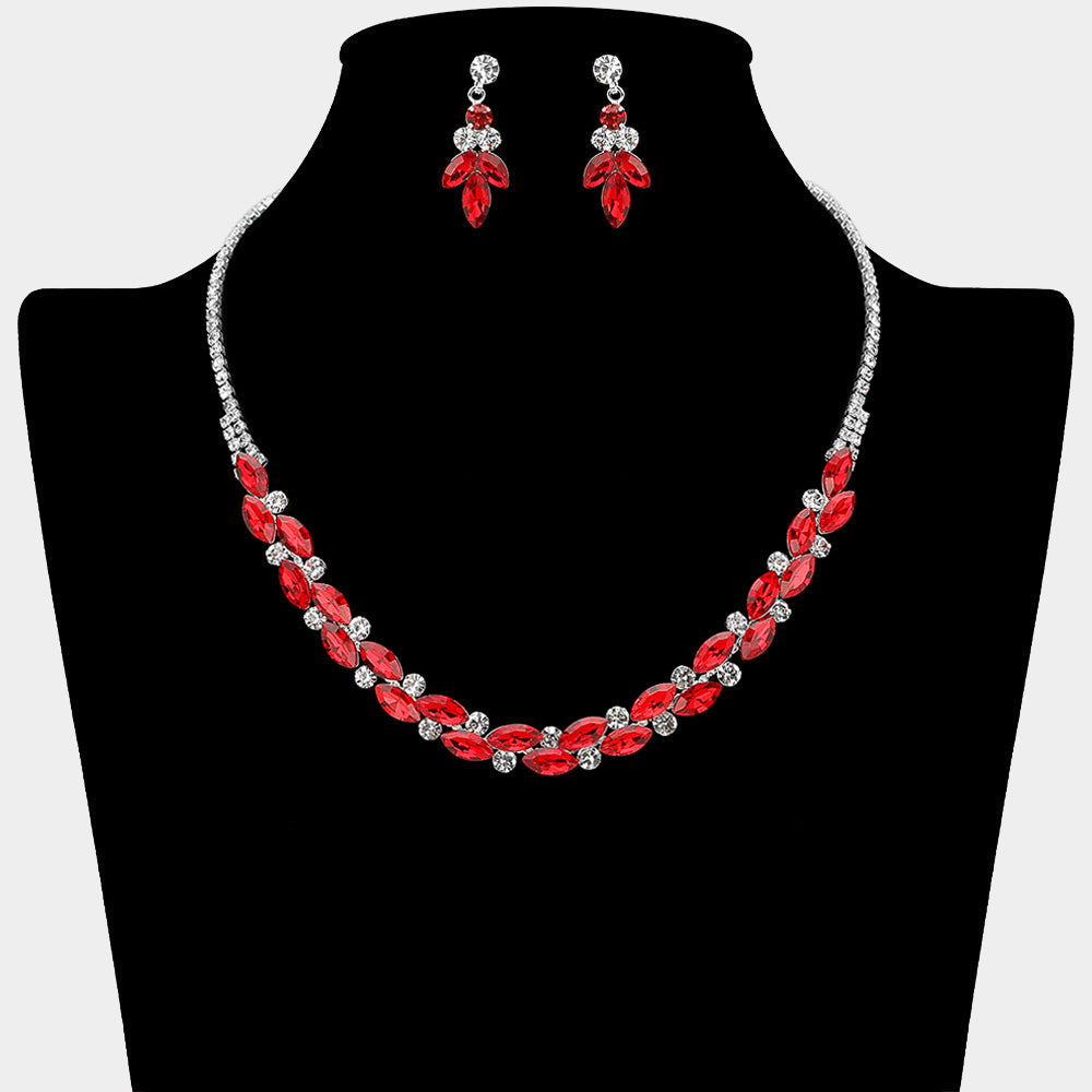Red Round Marquise Rhinestone Necklace on a black mannequin bust on a white background
