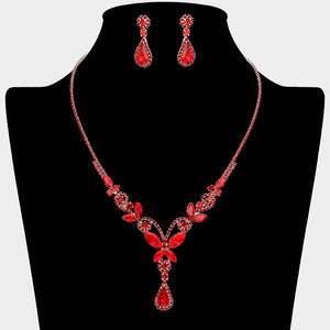 Red Teardrop Butterfly Accent Pageant & Prom Rhinestone Necklace on Silver |  695325