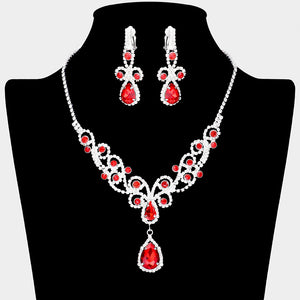 Red teardrop crystal rhinestone vine necklace set with clip-on earrings on black bust