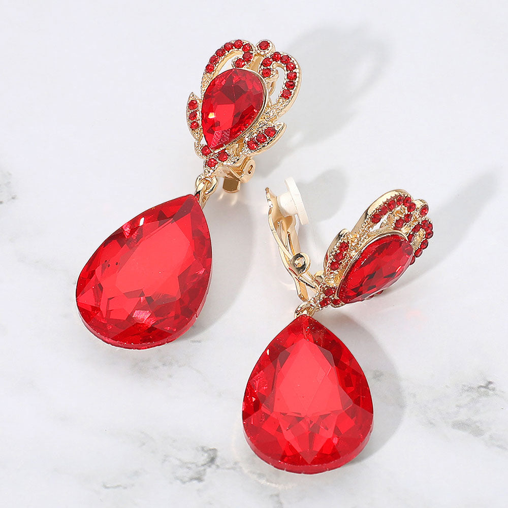 Red Teardrop Stone Clip-On Earrings – Faceted Dangle Evening Statement Style 2.1" |  683777