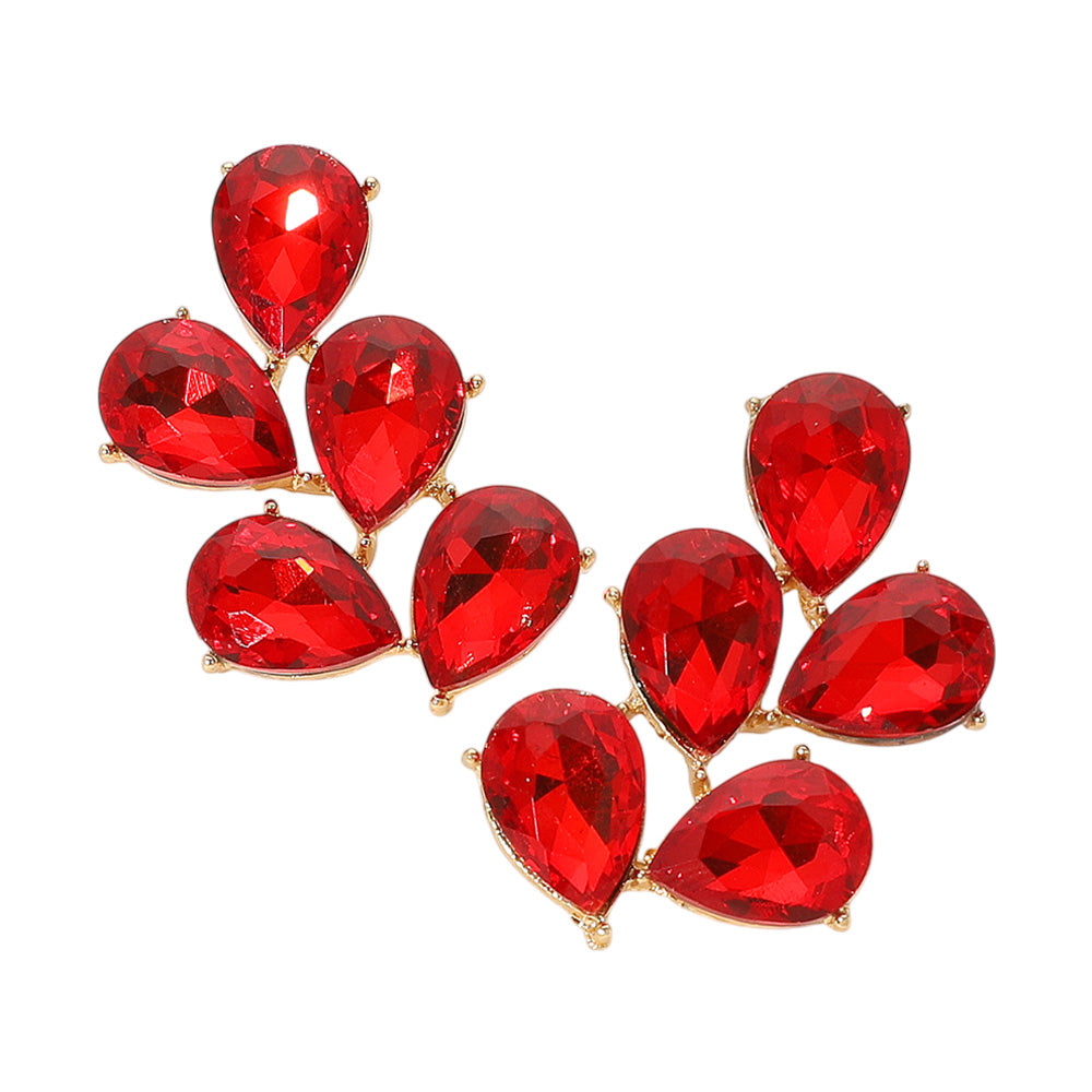 Red Teardrop Stone Cluster Earrings backed in gold on a white background