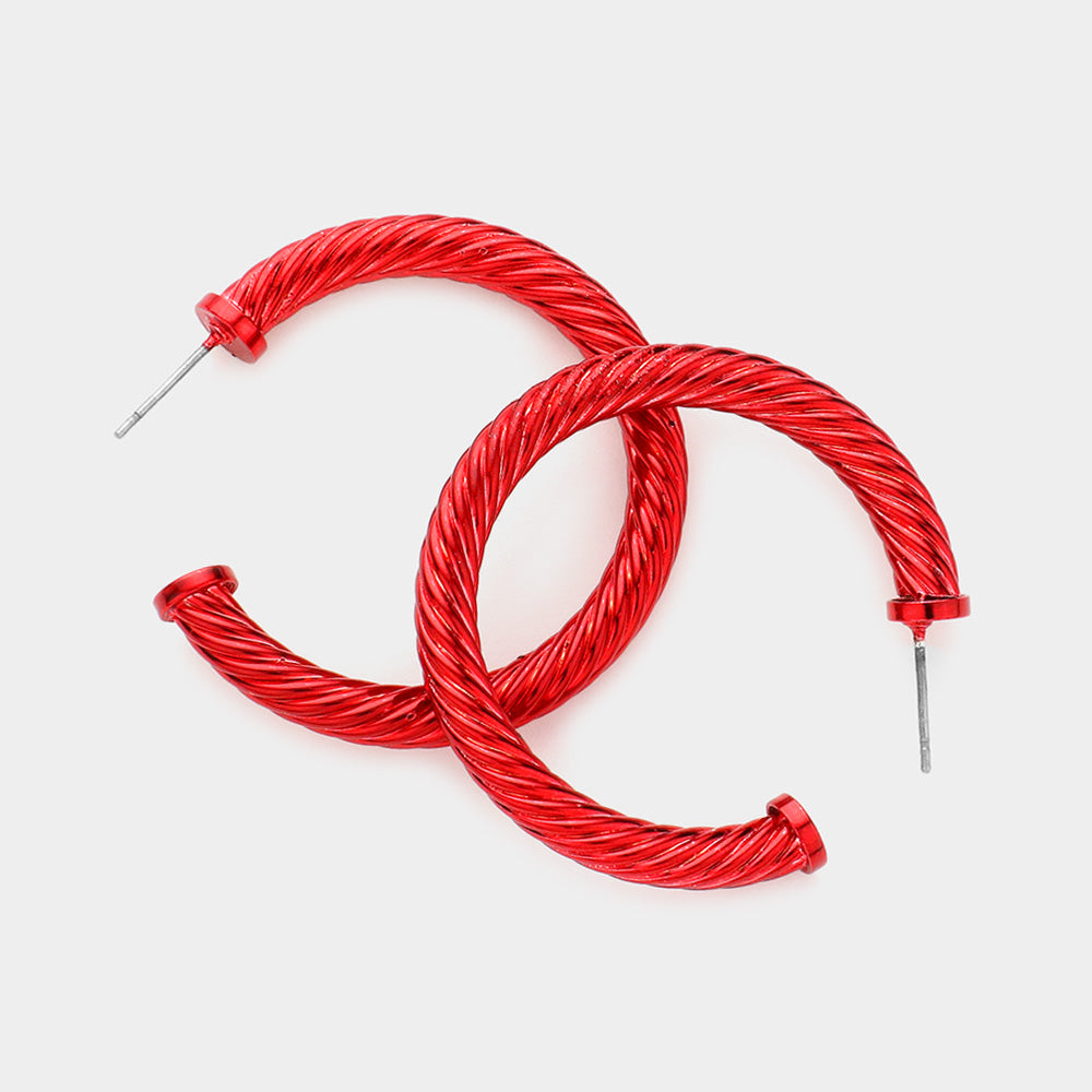 Red twisted rope texture hoop earrings 1.5 inch shown on a white background