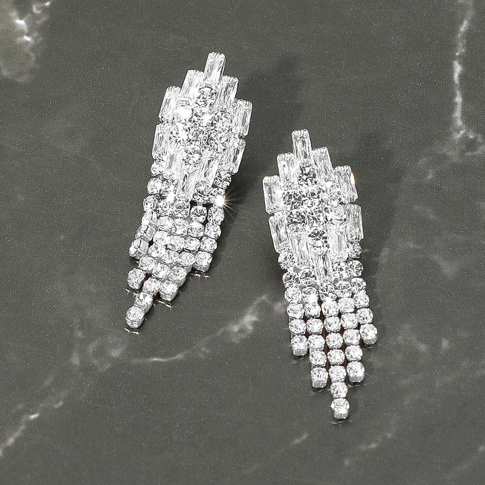 Rhinestone Fringe Drop Earrings 1.9" on a grey marble background