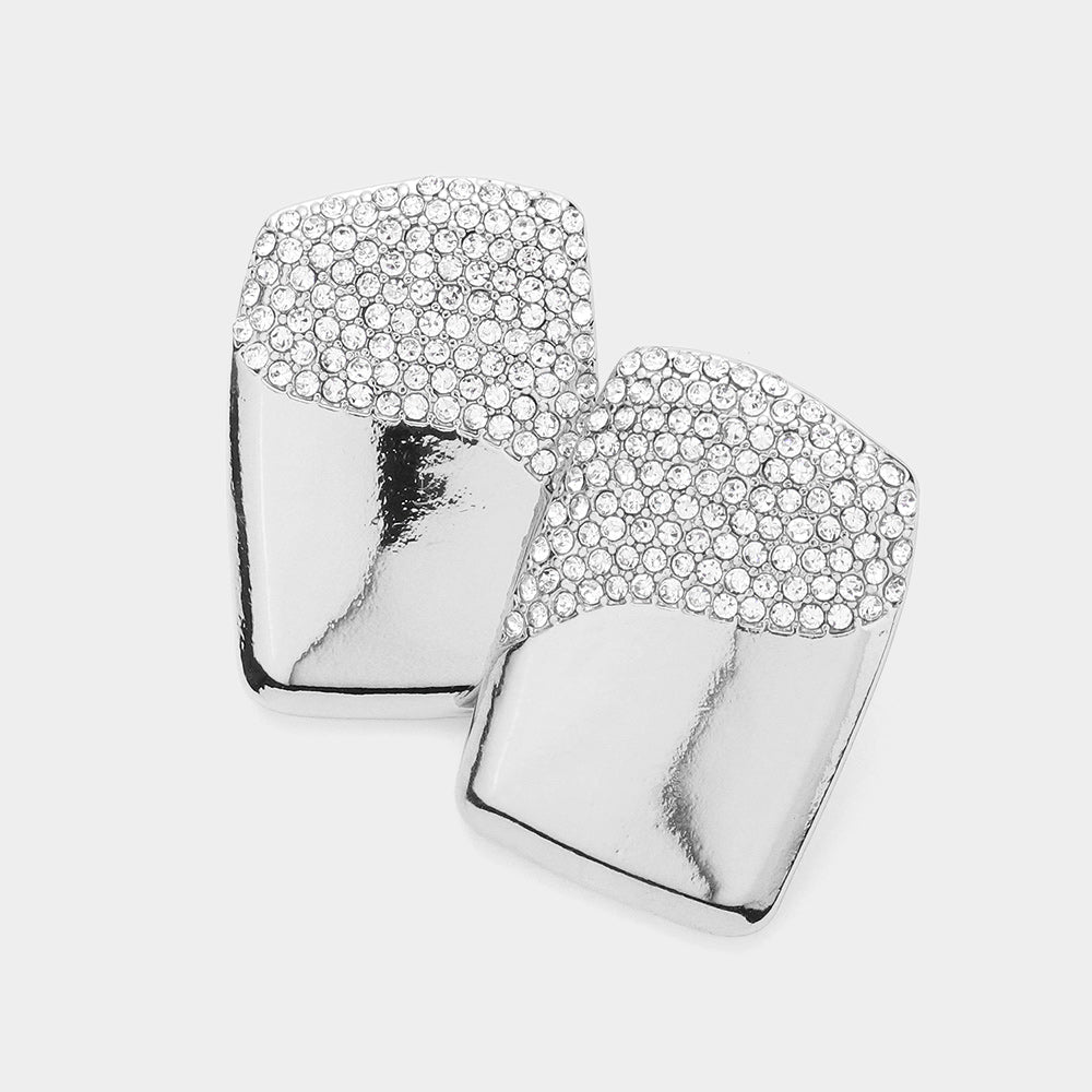 Silver mirror rhinestone rectangle earrings on a white background for pageant, prom, or formal occasions