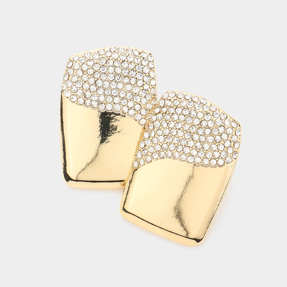 Gold and mirror rectangle rhinestone earrings on a white background for prom or pageant evening wear