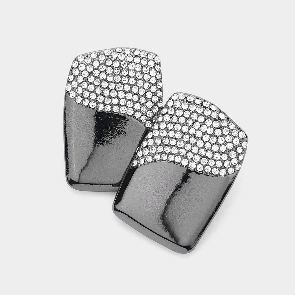 Clear rhinestone and mirror rectangle earrings on hematite setting  on a white background for pageant or prom