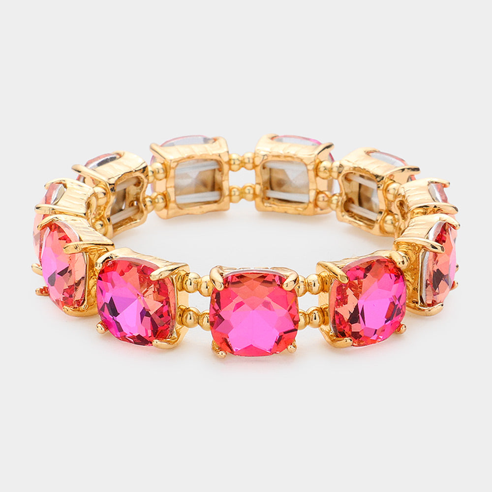 Rose AB cushion square stone stretch evening bracelet on gold, iridescent statement bracelet for evening and special occasions on a white background