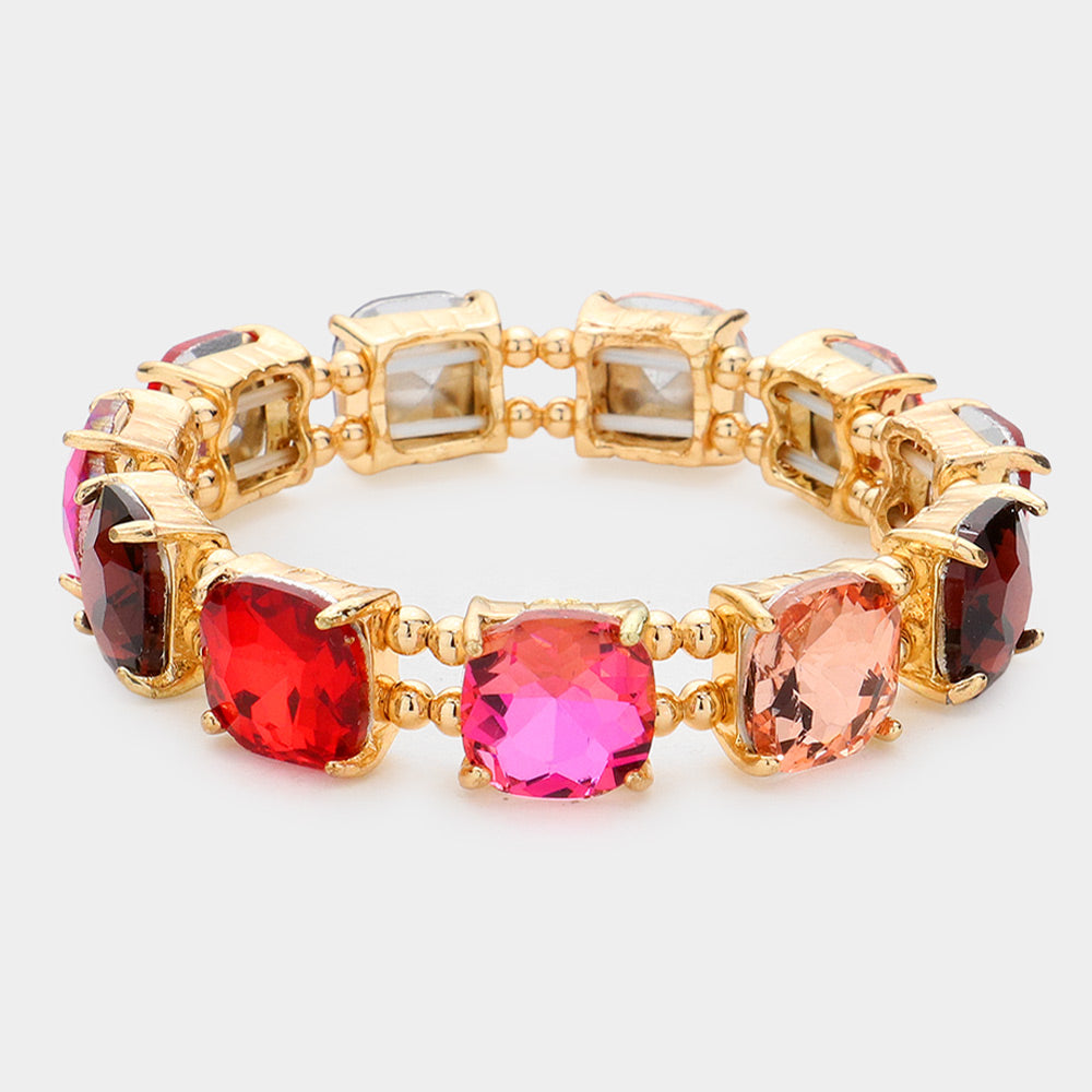 Rose multi cushion square stone stretch evening bracelet on gold, elegant statement bracelet for evening and special occasions on a white background