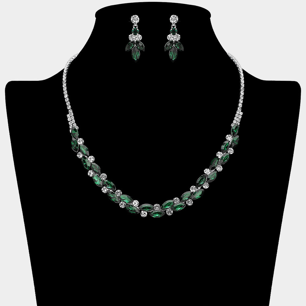 Emerald Round Marquise Rhinestone Necklace on a black mannequin bust on a white background