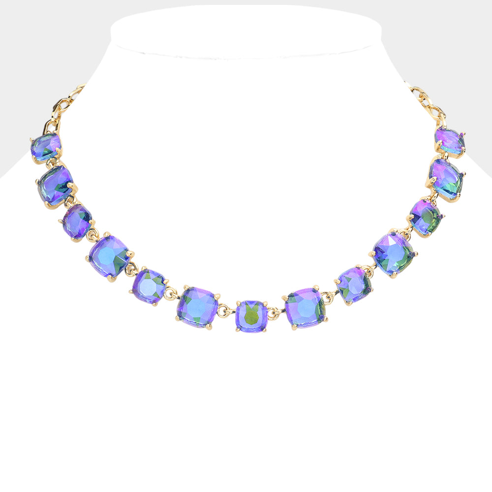 Necklace with royal blue & ab square shaped gemstones on a white background