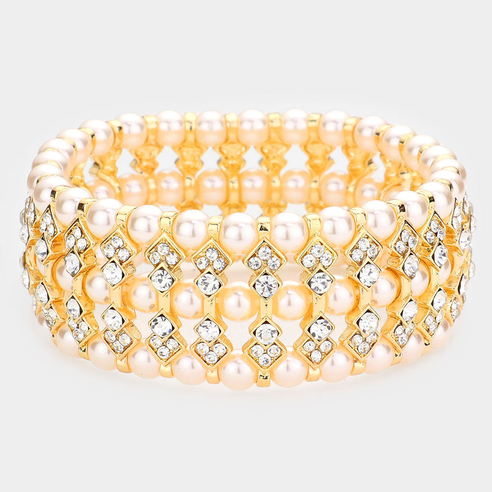 Multi Row Crystal and Cream Pearl Bridal Stretch Bracelet