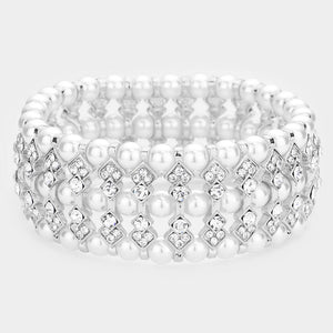 Multi Row Crystal and White Pearl Bridal Stretch Bracelet
