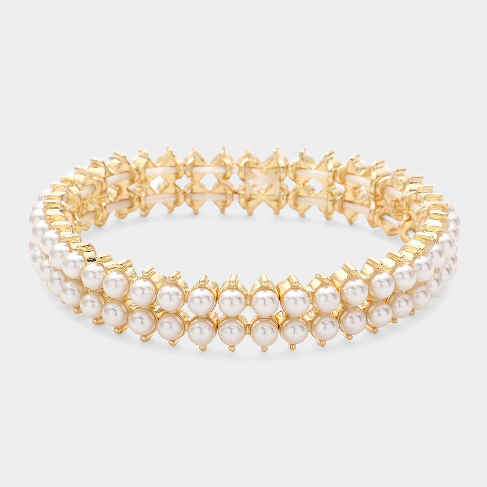 Double Row Cream Pearl Stretch Tennis Bracelet on Gold