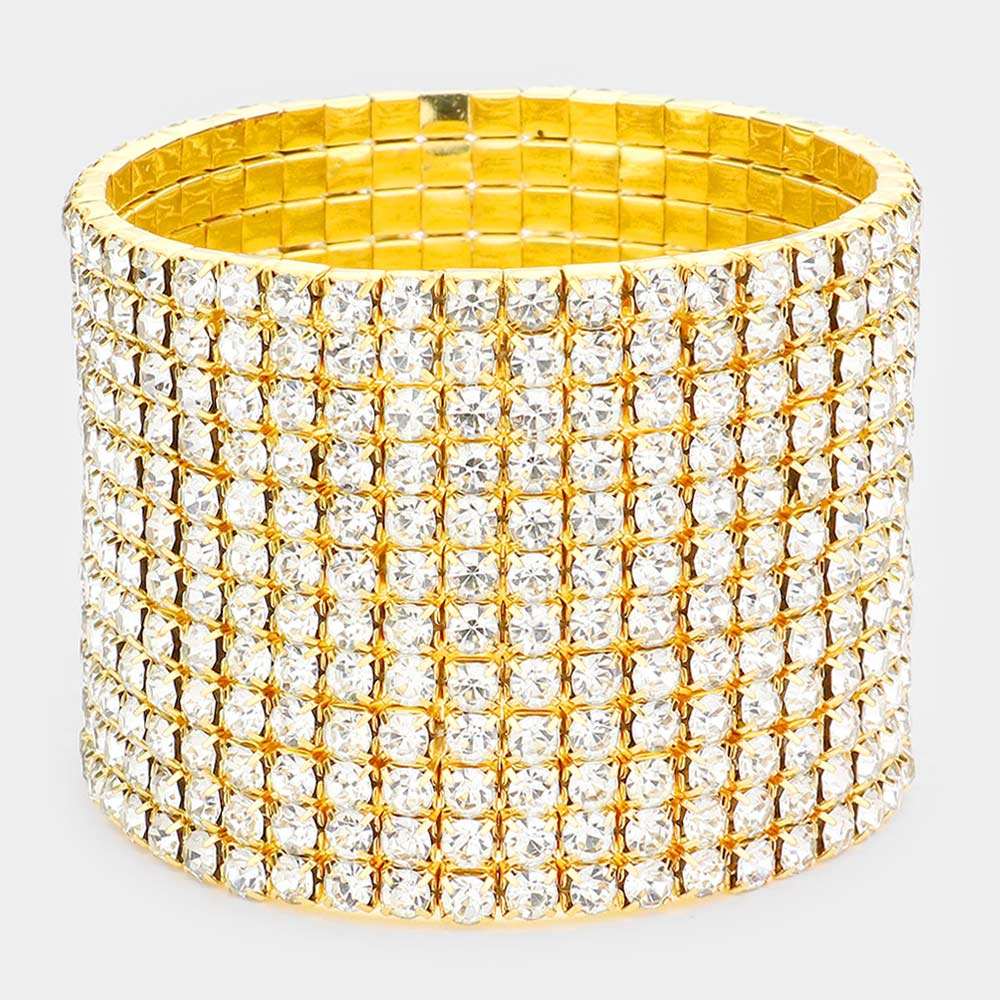 12 Row Rhinestone Cuff Bracelet on Gold | Pageant Jewelry