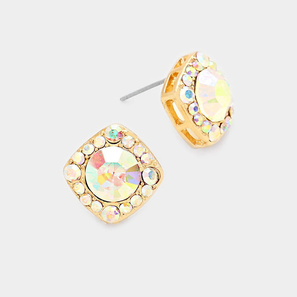 Round AB Crystal Stone Quad Stud Earrings on Gold | Fashion Jewelry