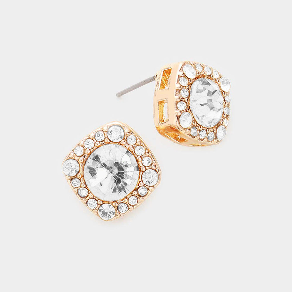 Round Clear Crystal Stone Quad Stud Earrings on Gold | Fashion Jewelry