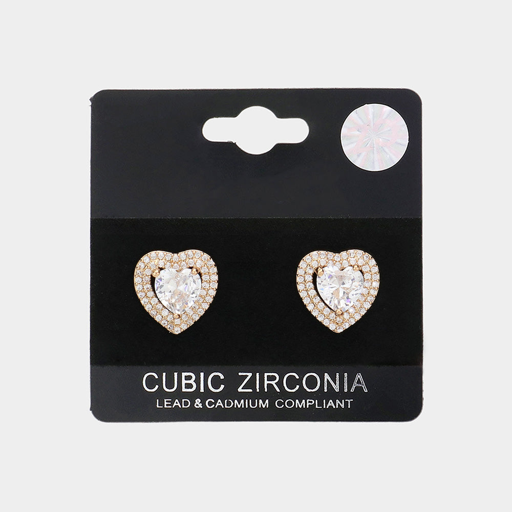 Small CZ Stone Heart Stud Earrings onGold | Earrings for Little Girls