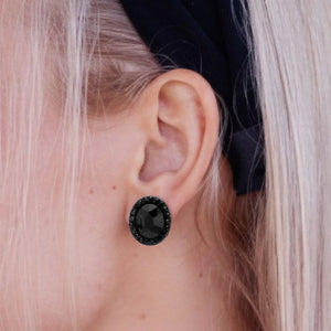 Small Black Stone Stud Earrings for pageant, interview or everyday on a lady's ear.
