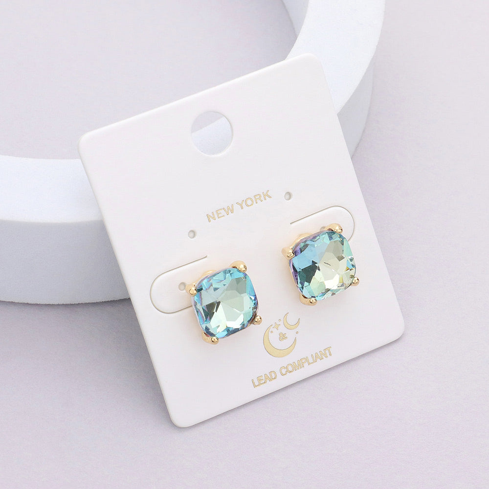 Small Aqua AB Cushion Square Stud Pageant Earrings | Interview Earrings