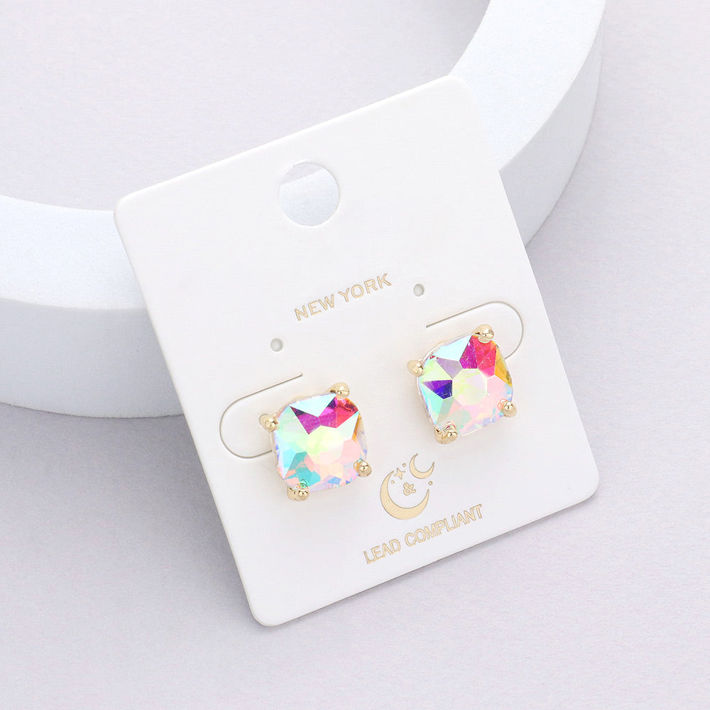 Small AB Cushion Square Stud Pageant Earrings on Gold | Interview Earrings