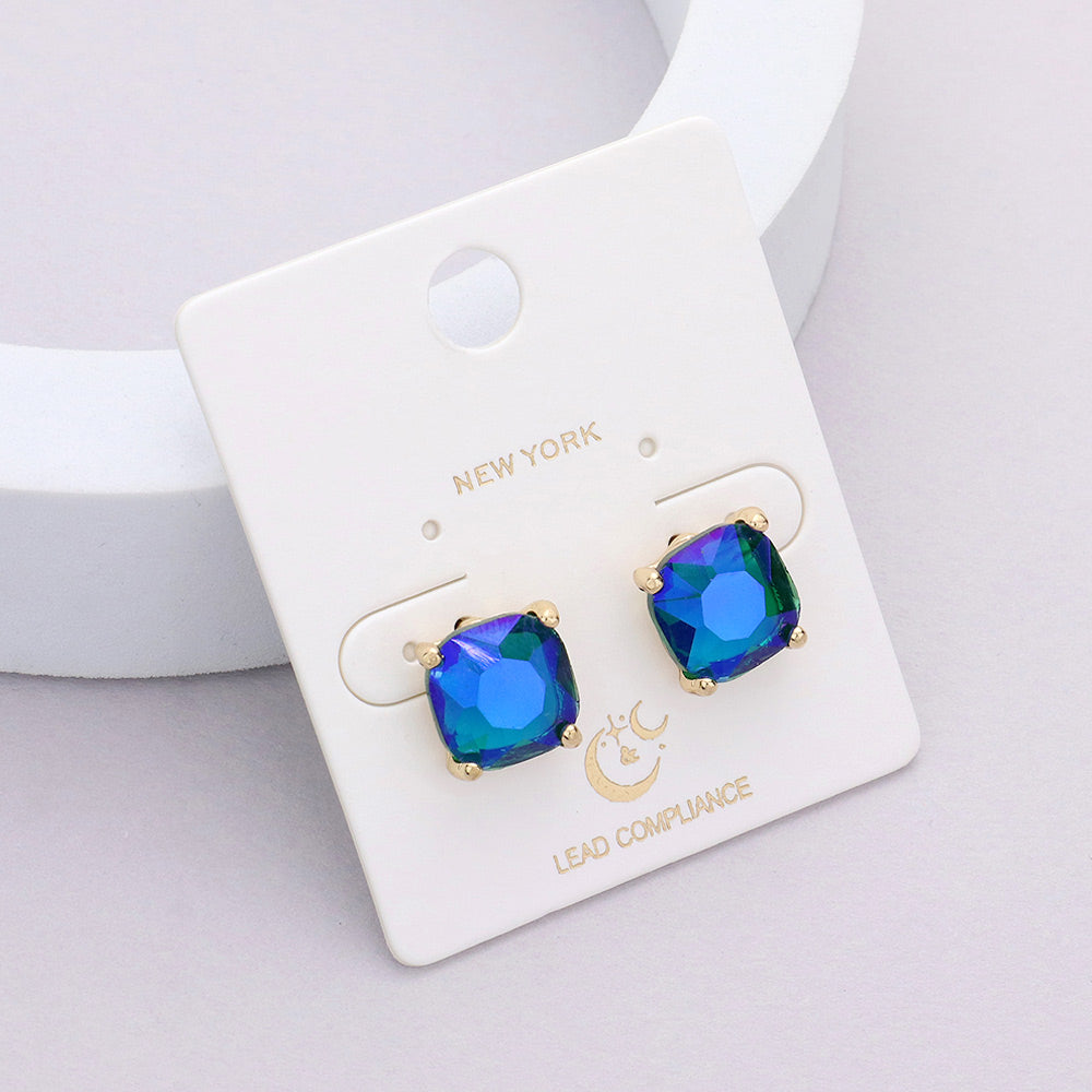 Small Blue AB Cushion Square Stud Pageant Earrings | Interview Earrings